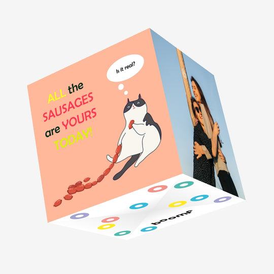 Happy Birthday Cat Eating Sausages Confetti-exploding Greetings Card