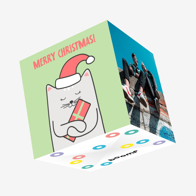 Merry Christmas Happy Cat With Gift Confetti-exploding Greetings Card
