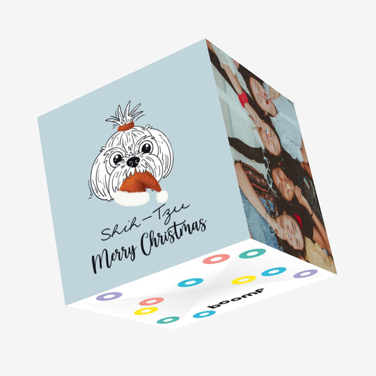 Merry Christmas Shih-Tzu Carrying Santa Hat In Its Mouth Confetti-exploding Greetings Card