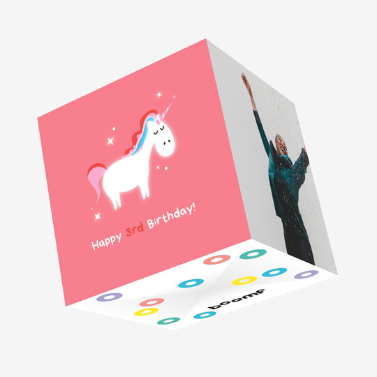 Cute Unicorn In Pink Happy 3rd Birthday Confetti-exploding Greetings Card