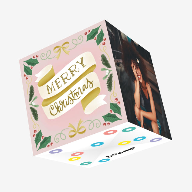 Merry Christmas Ribbon Pink Confetti-exploding Greetings Card