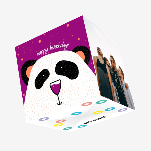 Purple Dotted Background Cute Panda Happy Birthday Confetti-exploding Greetings Card