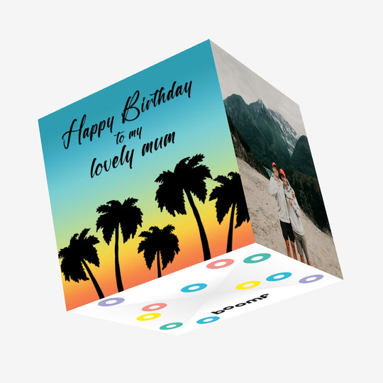 Happy Birthday Lovely Mum Sunset And Palm Trees Confetti-exploding Greetings Card
