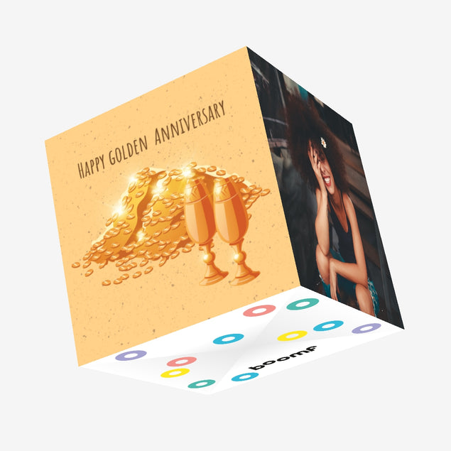 Happy Golden Wedding Anniversary Gold Coins And Cups Confetti-exploding Greetings Card