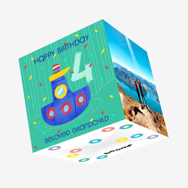 Cute Little Boat Happy 4th Birthday Grandchild Confetti-exploding Greetings Card