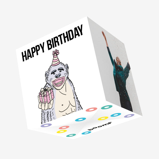 Grey Monkey With A Gift Happy Birthday Confetti-exploding Greetings Card