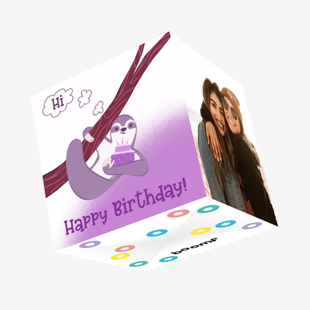 Happy Birthday Purple Sloth With A Cake Confetti-exploding Greetings Card