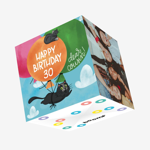 Flying Black Cat Happy 30th Birthday Cousin Confetti-exploding Greetings Card