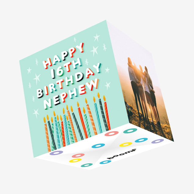 Nephew Colourful Candles 16th Birthday Confetti-exploding Greetings Card