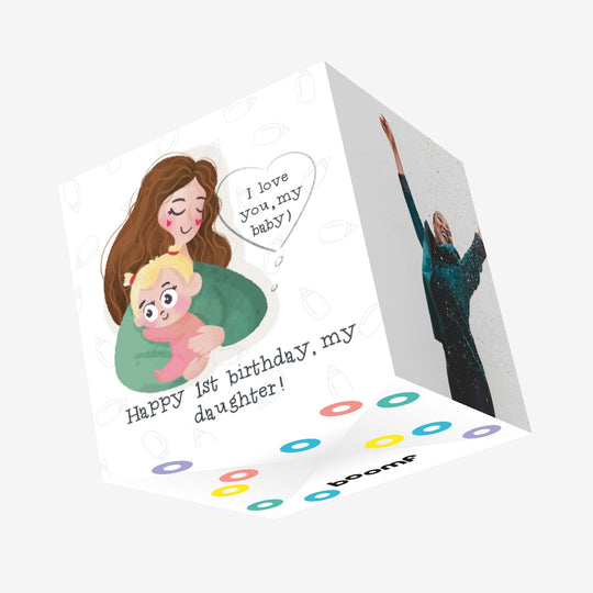 Happy 1st Birthday Daughter Cute Mother And Daughter Confetti-exploding Greetings Card