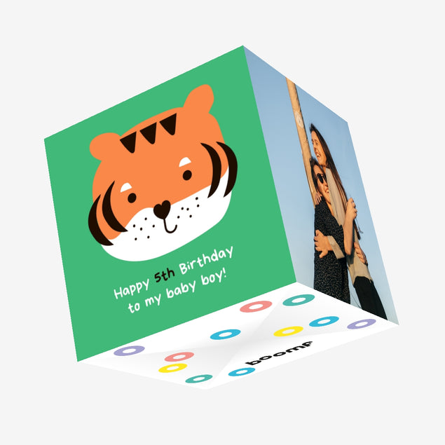 Cute Little Tiger Happy 5th Birthday Boy Confetti-exploding Greetings Card