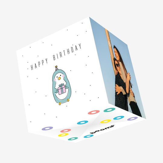Cute Penguin With Gift Happy Birthday Confetti-exploding Greetings Card