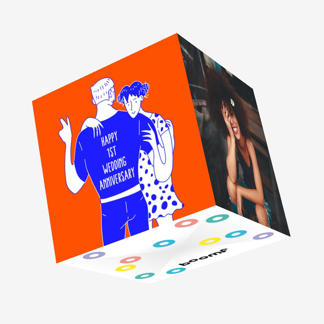 Happy 1st Wedding Anniversary Hugging Couple Confetti-exploding Greetings Card