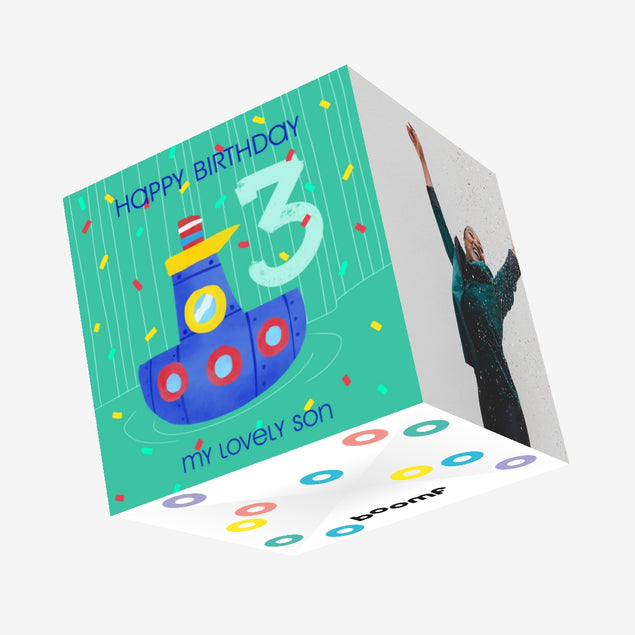 Cute Little Boat Happy 3rd Birthday Son Confetti-exploding Greetings Card
