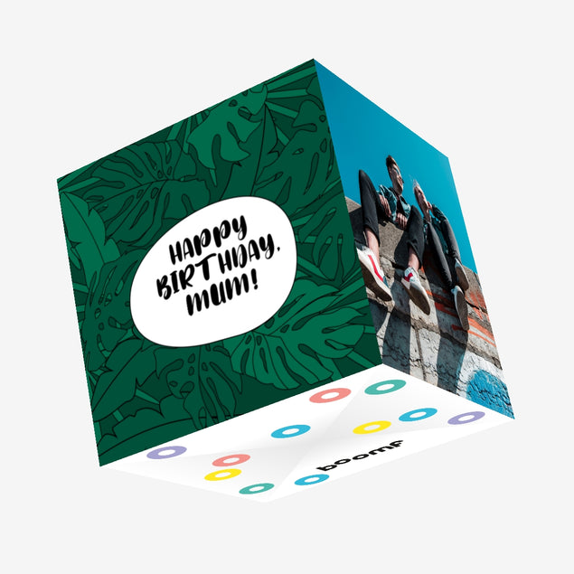 Happy Birthday Mum Green Tropical Leaves Confetti-exploding Greetings Card