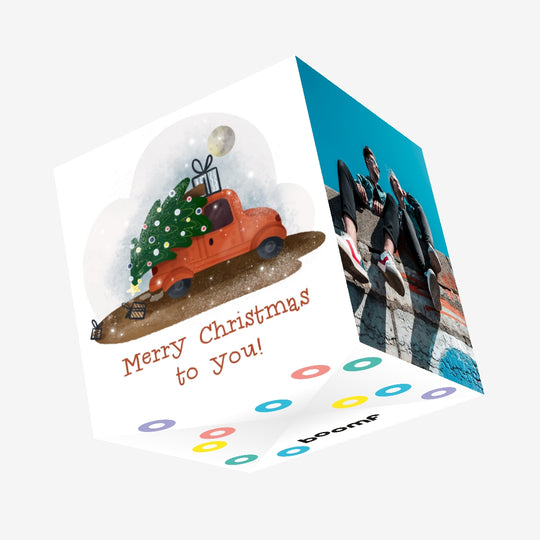 Car With Tree Merry Christmas Confetti-exploding Greetings Card