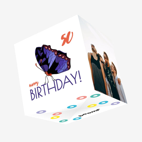 Blue Butterfly 50th Birthday Confetti-exploding Greetings Card