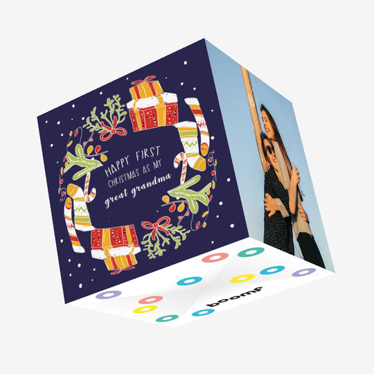 Happy First Christmas As My Great Grandma Christmas Wreath Confetti-exploding Greetings Card