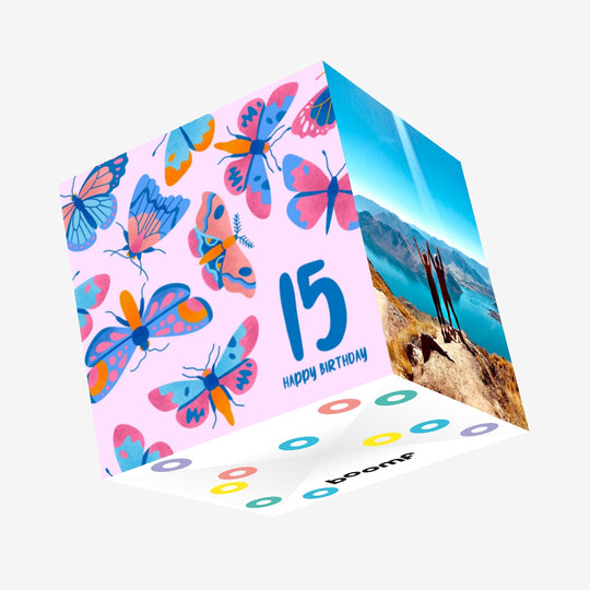 Delicate Pink Butterfly 15th Birthday Confetti-exploding Greetings Card