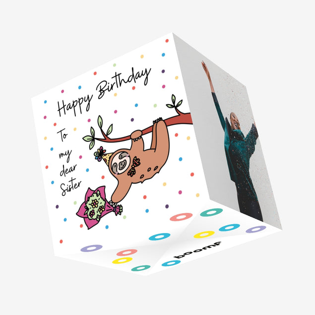 Happy Birthday Sister Sloth With A Flower Bouquet Hanging On A Tree Confetti-exploding Greetings Card