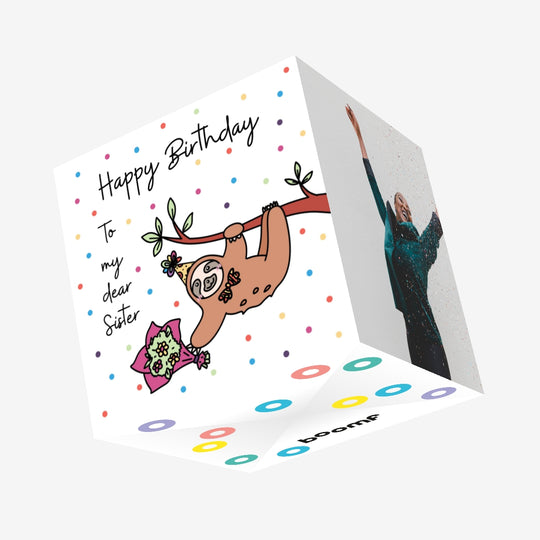 Happy Birthday Sister Sloth With A Flower Bouquet Hanging On A Tree Confetti-exploding Greetings Card