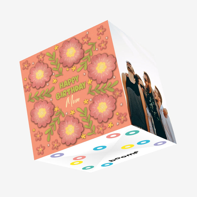 Beautiful Peach Floral Print Happy Birthday Mum Confetti-exploding Greetings Card