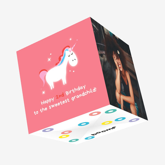 Cute Unicorn In Pink Happy 2nd Birthday Grandchild Confetti-exploding Greetings Card