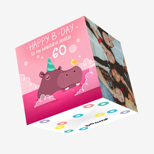 Festive Hippo Happy 60th Birthday My Beautiful Auntie Confetti-exploding Greetings Card