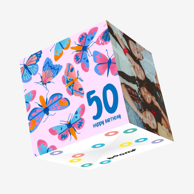 Delicate Pink Butterfly 50th Birthday Confetti-exploding Greetings Card