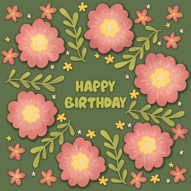 Beautiful Green Floral Print Happy Birthday