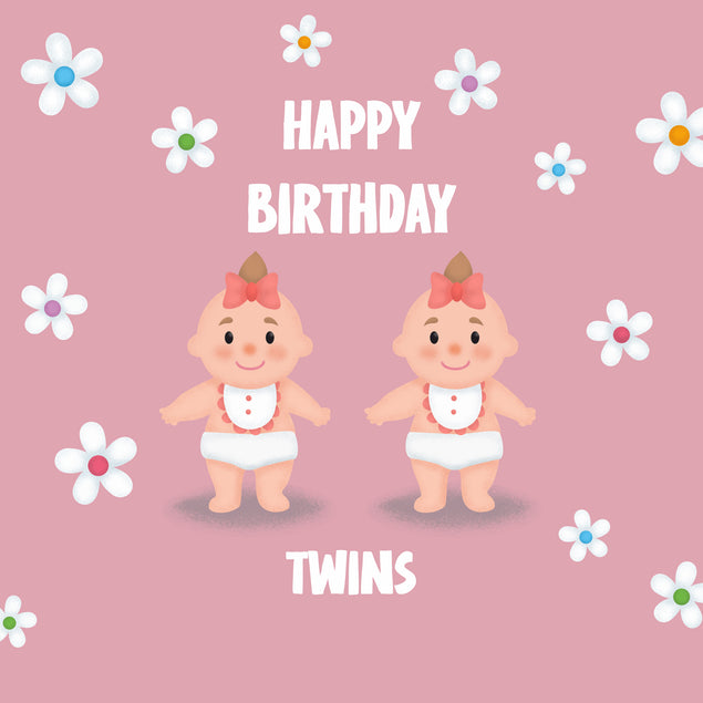 Flowers And Babies In Pink Happy Birthday Twins
