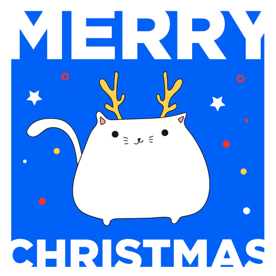 Cat Deer Merry Christmas Blue Background