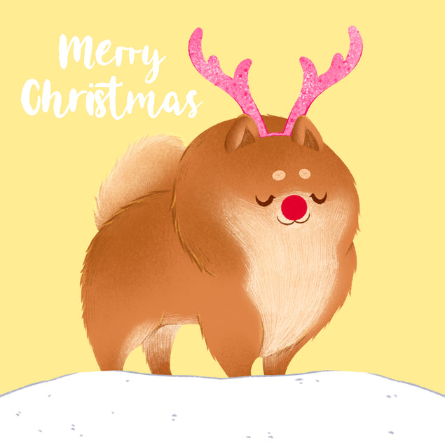 Merry Christmas Fluffy Dog With Deer Horns