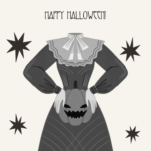 Happy Halloween Headless Lady Holding A Pumpkin Black And White