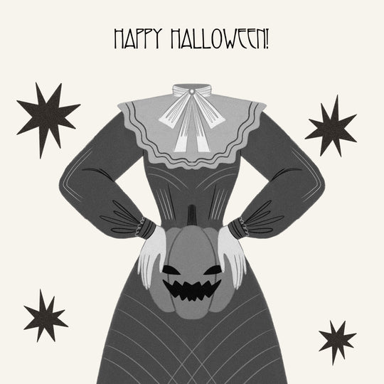 Happy Halloween Headless Lady Holding A Pumpkin Black And White
