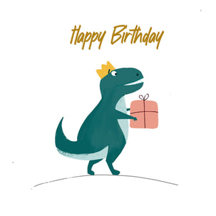 Happy Birthday Dinosaur Holding A Gift In His Hands Card