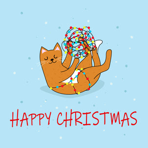 Happy Christmas Ginger Cat Playing With Christmas Lights Card Season_Christmas Seo_Ginger Cat
