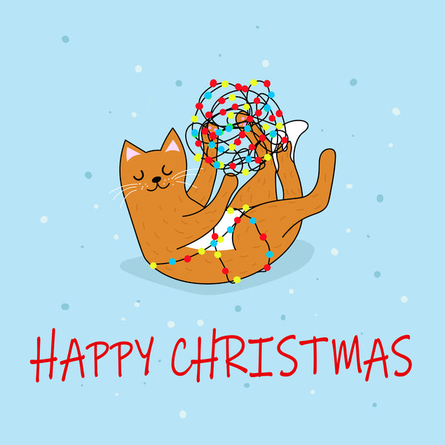 Happy Christmas Ginger Cat Playing With Christmas Lights Card Season_Christmas Seo_Ginger Cat