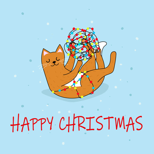 Happy Christmas Ginger Cat Playing With Christmas Lights Card