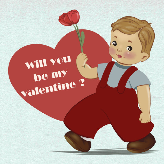 Will You Be My Valentine? Cute Boy Holding Flowers In His Hands Valentine's Day Card Season_Valentine’s Day Style_Vintage