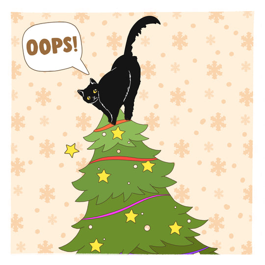 Merry Christmas Black Cat At The Top Of Christmas Tree Card