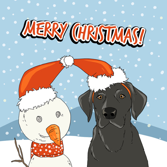 Merry Christmas Black Labrador And A Snowman Card