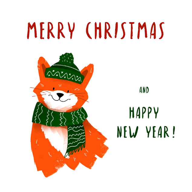 Merry Christmas Cute Fox Wearing Green Hat And Scarf Card Season_Christmas Seo_Fox