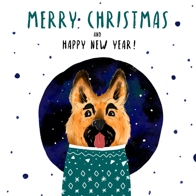 Cute German Shepherd In Sweater Merry Christmas Card Season_Christmas Seo_German Shepherd