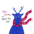 Merry Christmas And Happy New Year A Blue Reindeer Wearing A Scarf