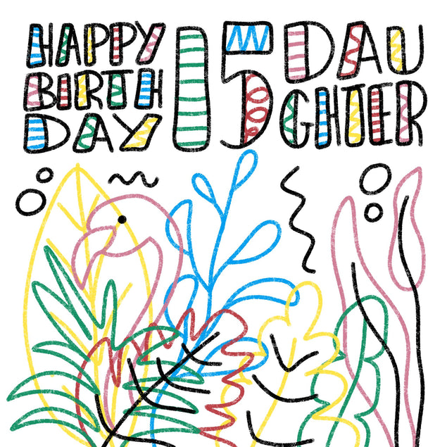 Happy 15th Birthday Daughter Crayon Tropical Leaves And Flamingo