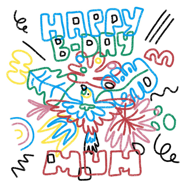 Happy Birthday Mum Crayon Tropical Leaves And Parrot