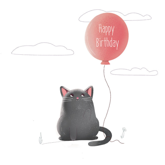 Happy Birthday Grey Cat And A Balloon Card