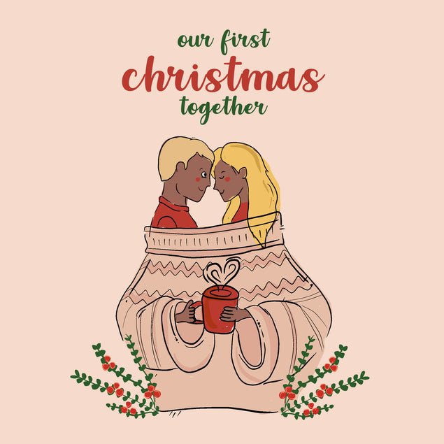 Merry First Christmas Cute Couple Wearing One Sweater Card Season_Christmas Seo_First Recipient_For Boyfriend