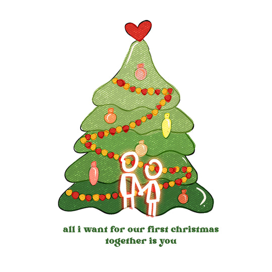 Merry First Christmas Neon Couple And Christmas Tree Card